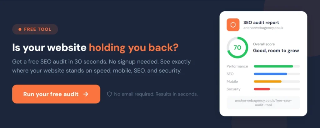Free SEO audit tool by Anchor Web Agency to check if your small business website needs a redesign