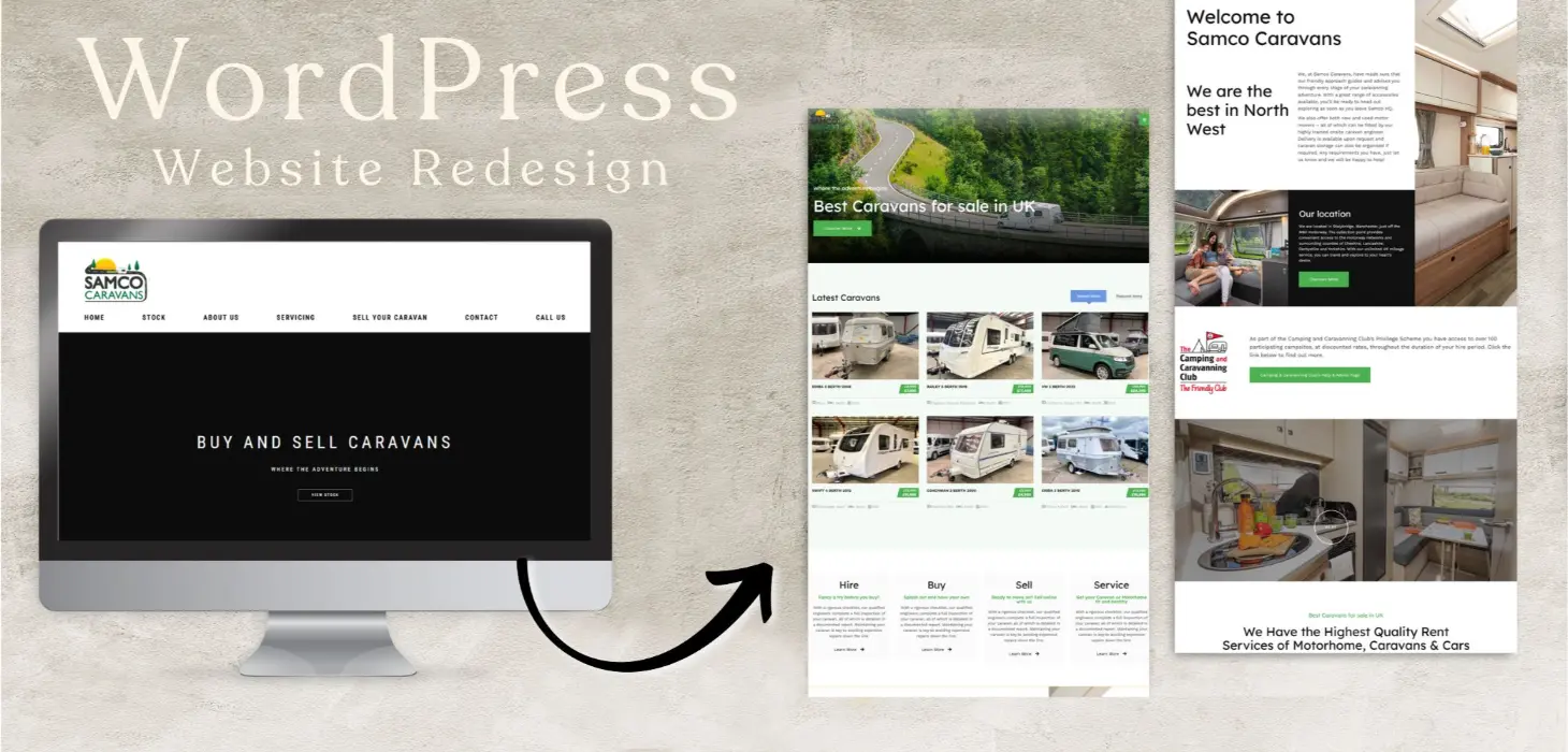 Before and after website redesign by Anchor Web Agency for Samco Caravans showing old outdated site versus new modern design