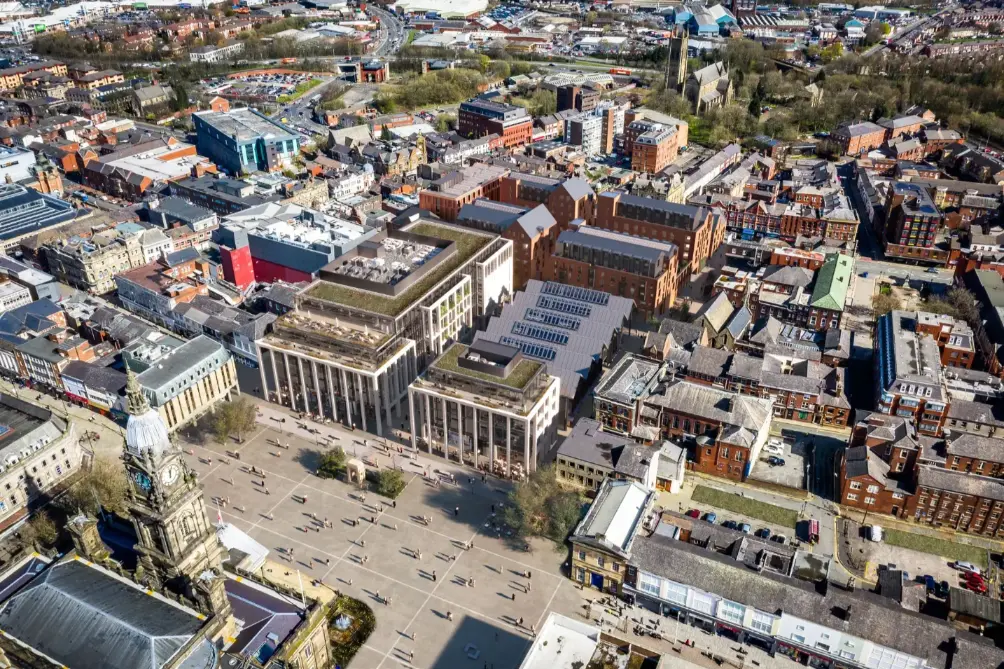 Aerial view of Victoria Square Bolton, served by Anchor Web Agency for affordable web design across Greater Manchester